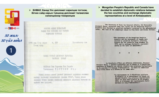 “Монгол-Канадын харилцааны түүх: 50 жилийн дипломат харилцаа - 50 үйл явдал” он цагийн хэлхээс №1